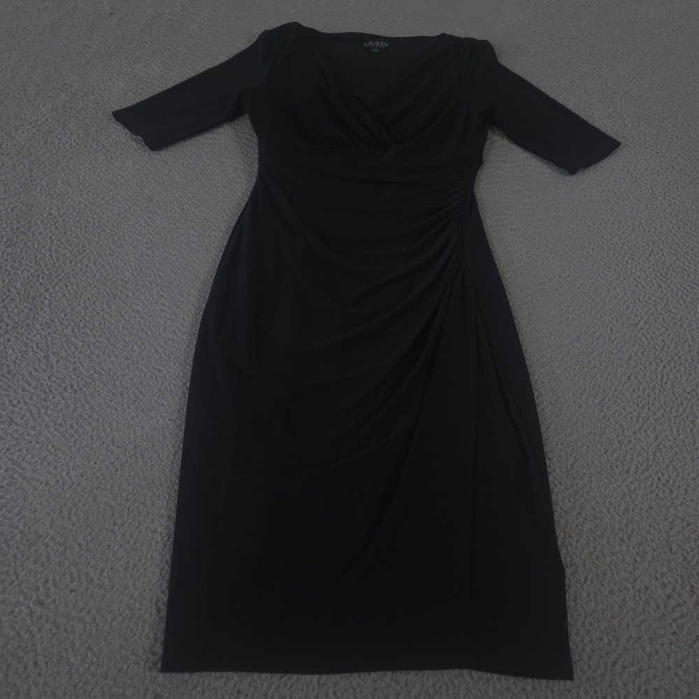 Lauren Ralph Lauren Dress Womens 4 Black Ruched‎ Side Surplice V-Neck Stretch